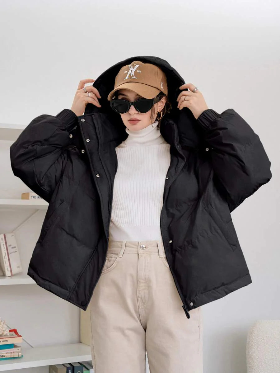 DAZY Women's Solid Color Long Sleeve Zipper Collar Casual Hooded Winter Jacket