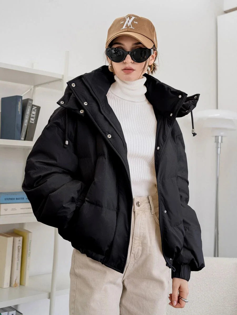 DAZY Women's Solid Color Long Sleeve Zipper Collar Casual Hooded Winter Jacket