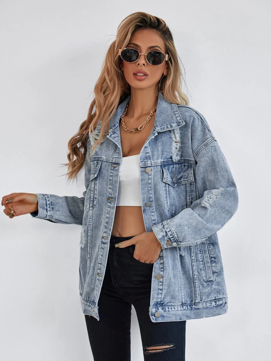 Selenza Button Blue Front Flap Pocket Drop Shoulder Denim Jacket