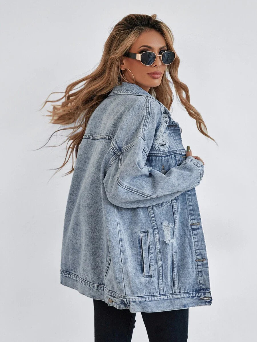 Selenza Button Blue Front Flap Pocket Drop Shoulder Denim Jacket