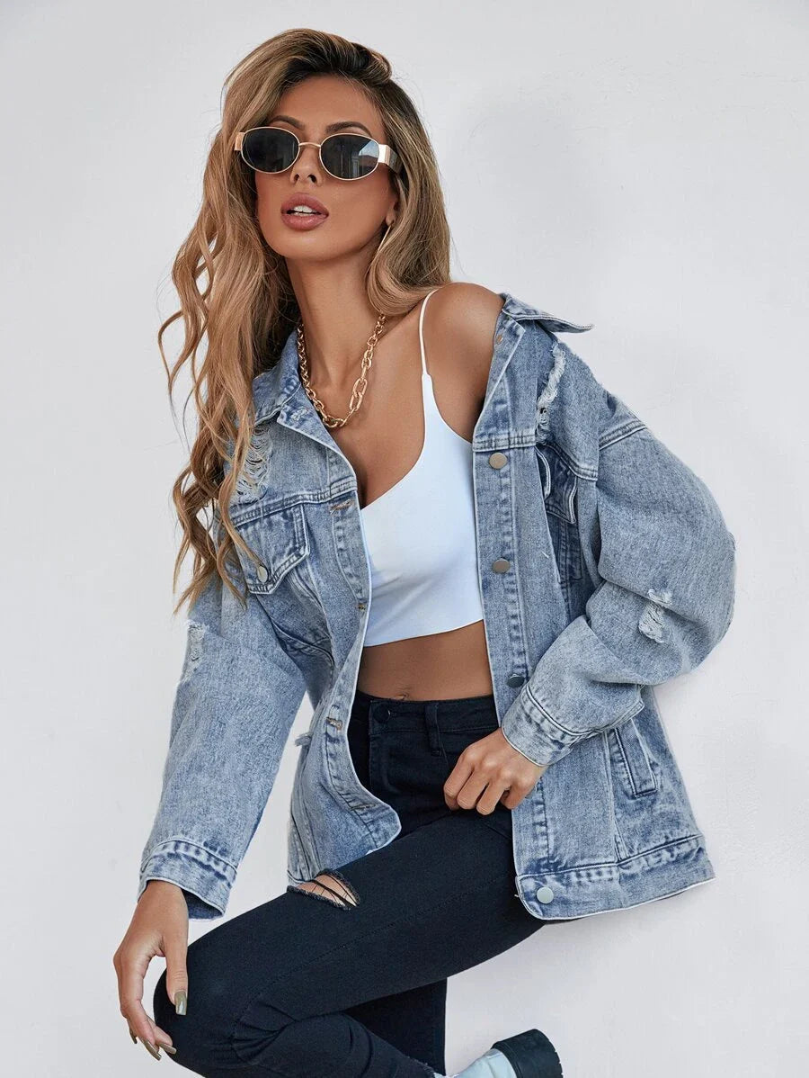 Selenza Button Blue Front Flap Pocket Drop Shoulder Denim Jacket