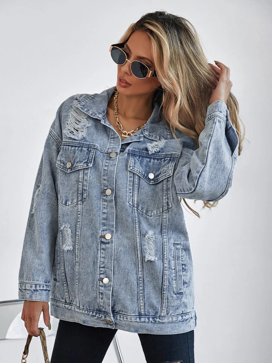 Selenza Button Blue Front Flap Pocket Drop Shoulder Denim Jacket