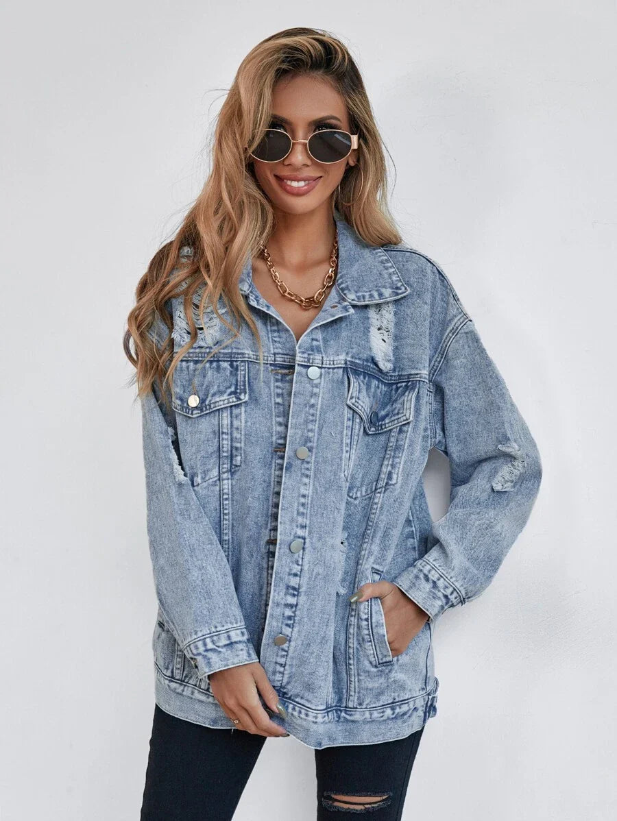 Selenza Button Blue Front Flap Pocket Drop Shoulder Denim Jacket