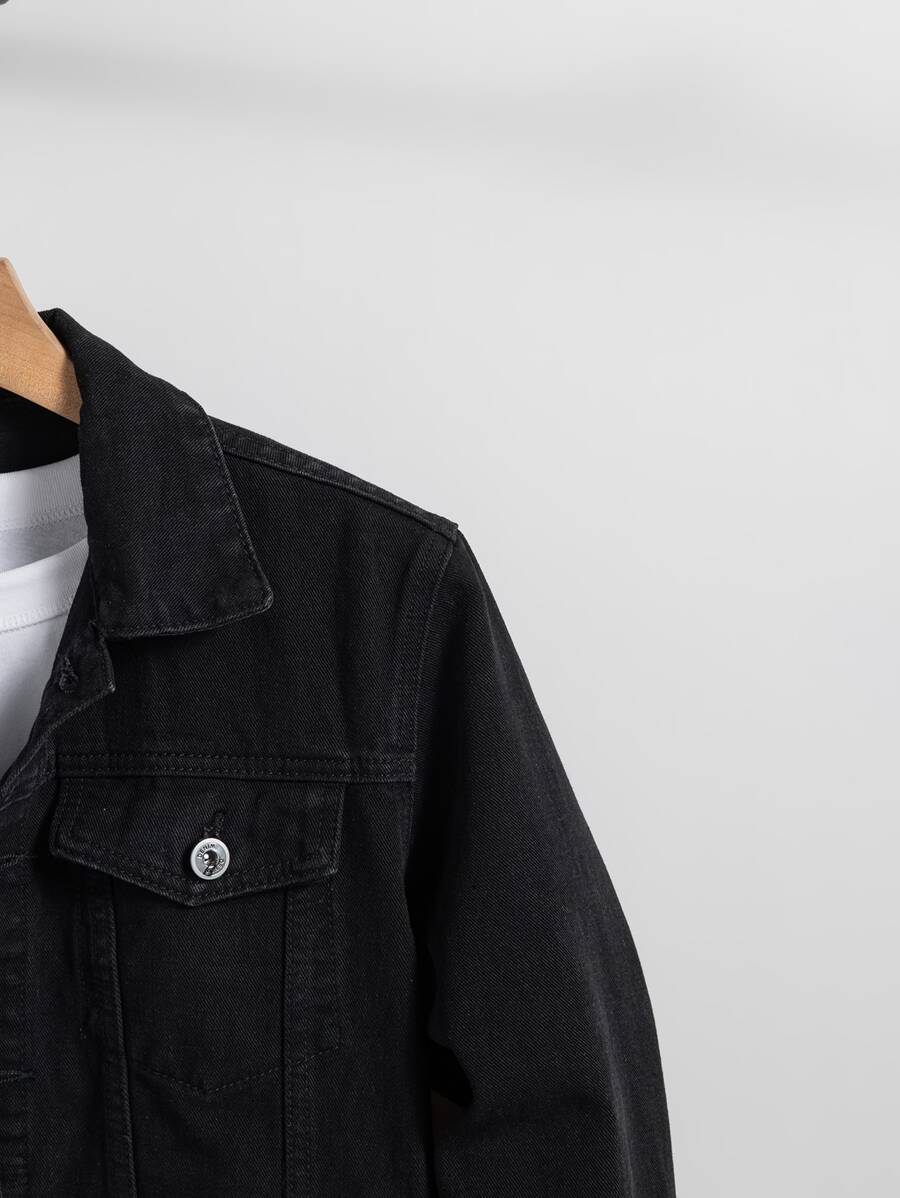 Manfinity Homme Men Flap Pocket Regular Dark Plain Denim Jacket Without Tee For Friends Going Out Hang Out Work Commute Street, Fall