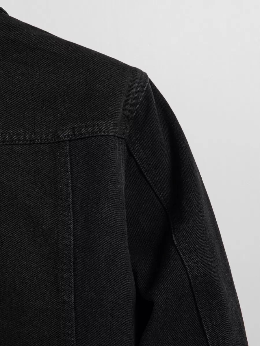 Manfinity Homme Men Flap Pocket Regular Dark Plain Denim Jacket Without Tee For Friends Going Out Hang Out Work Commute Street, Fall