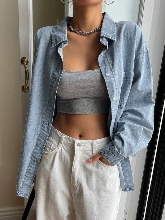 DAZY Drop Shoulder Pocket Patched Denim Coat Y2k