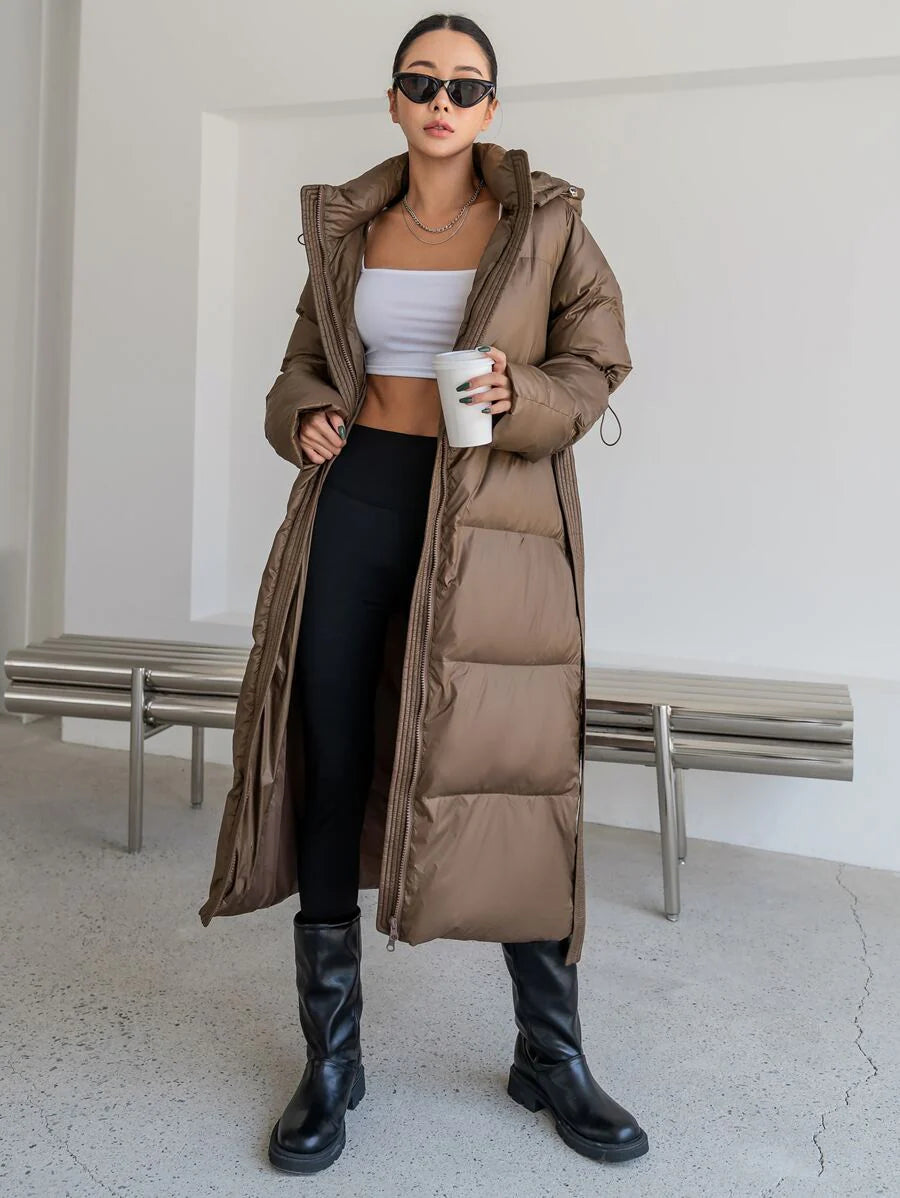 DAZY Women's Zippered Hooded Padded Coat With Belted Waist, Ladies Winter Casual Belted, Pocket, Zipper Regular Sleeve Hooded Regular Fit Mocha Brown Plain Women Padded Coats, Winter Warmth/ Winter Fashion ,Winter Women Clothes,Winter Coat Women