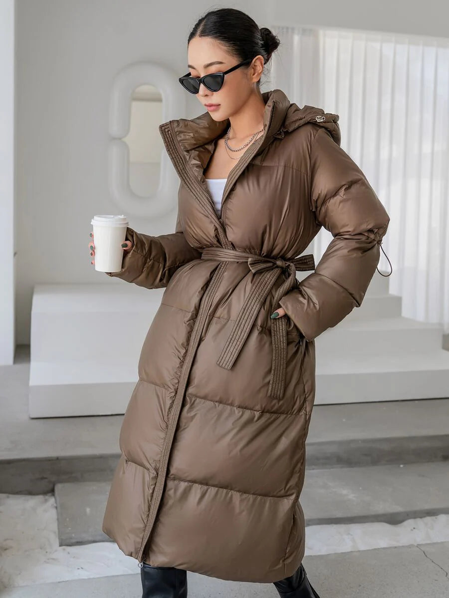 DAZY Women's Zippered Hooded Padded Coat With Belted Waist, Ladies Winter Casual Belted, Pocket, Zipper Regular Sleeve Hooded Regular Fit Mocha Brown Plain Women Padded Coats, Winter Warmth/ Winter Fashion ,Winter Women Clothes,Winter Coat Women