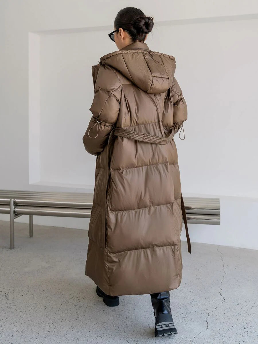 DAZY Women's Zippered Hooded Padded Coat With Belted Waist, Ladies Winter Casual Belted, Pocket, Zipper Regular Sleeve Hooded Regular Fit Mocha Brown Plain Women Padded Coats, Winter Warmth/ Winter Fashion ,Winter Women Clothes,Winter Coat Women