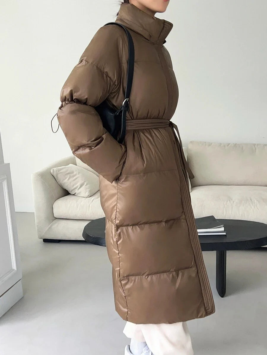 DAZY Women's Zippered Hooded Padded Coat With Belted Waist, Ladies Winter Casual Belted, Pocket, Zipper Regular Sleeve Hooded Regular Fit Mocha Brown Plain Women Padded Coats, Winter Warmth/ Winter Fashion ,Winter Women Clothes,Winter Coat Women