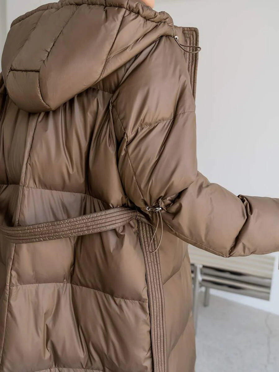 DAZY Women's Zippered Hooded Padded Coat With Belted Waist, Ladies Winter Casual Belted, Pocket, Zipper Regular Sleeve Hooded Regular Fit Mocha Brown Plain Women Padded Coats, Winter Warmth/ Winter Fashion ,Winter Women Clothes,Winter Coat Women