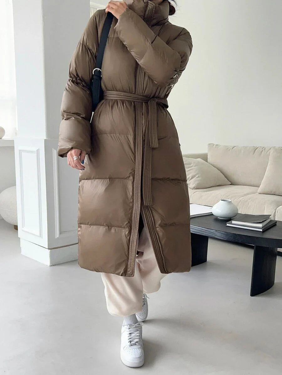 DAZY Women's Zippered Hooded Padded Coat With Belted Waist, Ladies Winter Casual Belted, Pocket, Zipper Regular Sleeve Hooded Regular Fit Mocha Brown Plain Women Padded Coats, Winter Warmth/ Winter Fashion ,Winter Women Clothes,Winter Coat Women