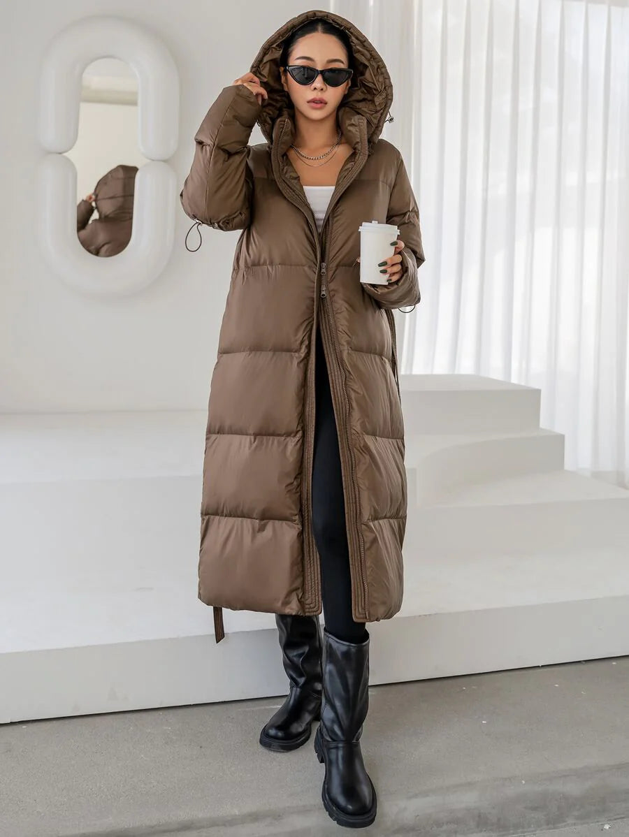 DAZY Women's Zippered Hooded Padded Coat With Belted Waist, Ladies Winter Casual Belted, Pocket, Zipper Regular Sleeve Hooded Regular Fit Mocha Brown Plain Women Padded Coats, Winter Warmth/ Winter Fashion ,Winter Women Clothes,Winter Coat Women