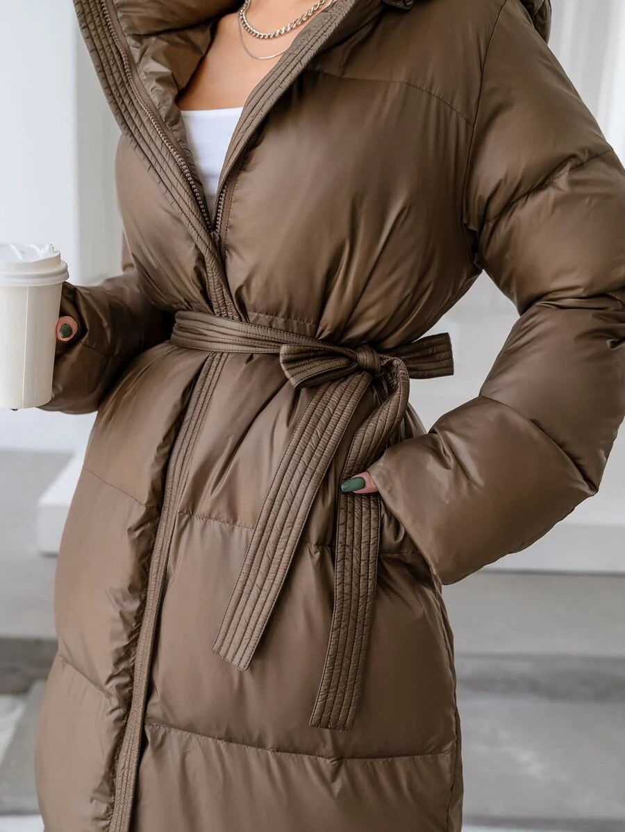 DAZY Women's Zippered Hooded Padded Coat With Belted Waist, Ladies Winter Casual Belted, Pocket, Zipper Regular Sleeve Hooded Regular Fit Mocha Brown Plain Women Padded Coats, Winter Warmth/ Winter Fashion ,Winter Women Clothes,Winter Coat Women