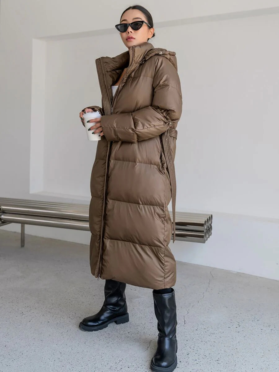 DAZY Women's Zippered Hooded Padded Coat With Belted Waist, Ladies Winter Casual Belted, Pocket, Zipper Regular Sleeve Hooded Regular Fit Mocha Brown Plain Women Padded Coats, Winter Warmth/ Winter Fashion ,Winter Women Clothes,Winter Coat Women