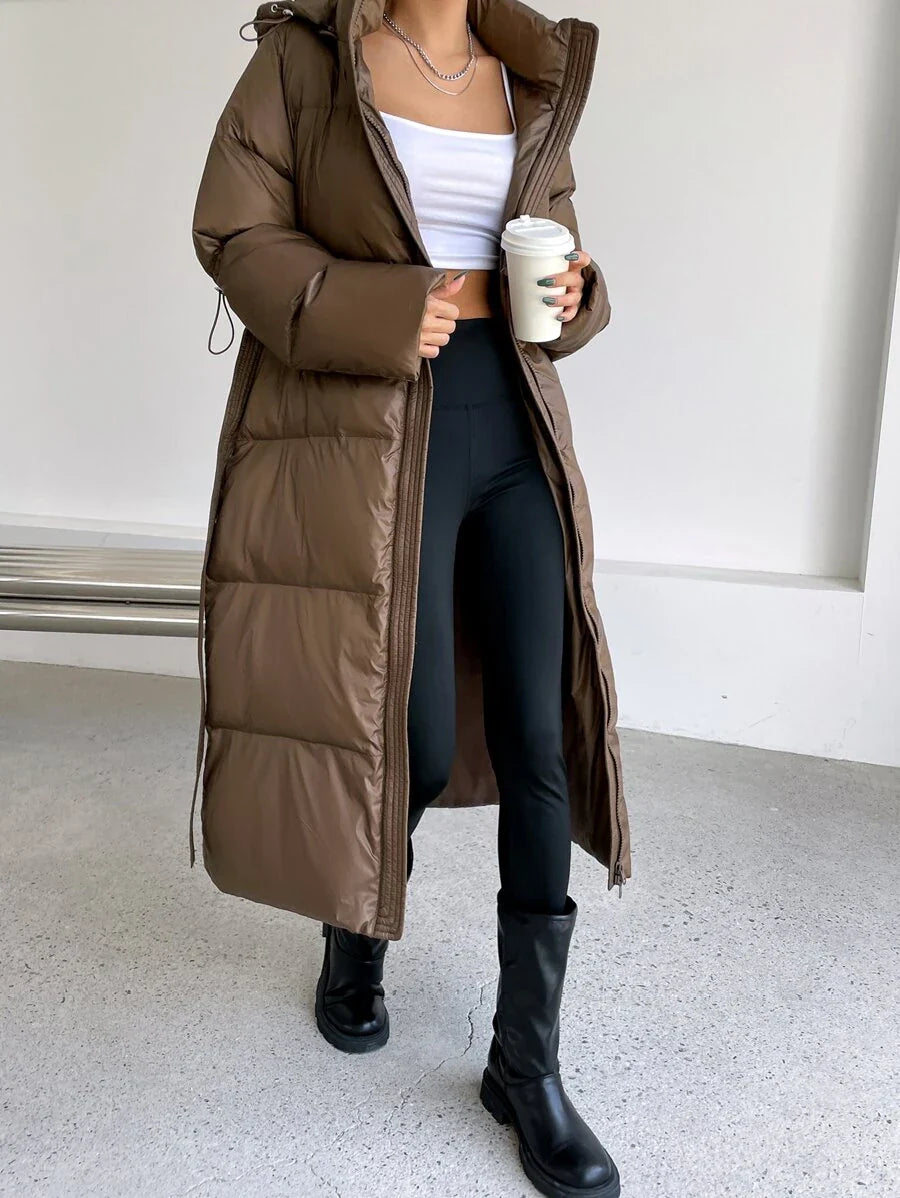 DAZY Women's Zippered Hooded Padded Coat With Belted Waist, Ladies Winter Casual Belted, Pocket, Zipper Regular Sleeve Hooded Regular Fit Mocha Brown Plain Women Padded Coats, Winter Warmth/ Winter Fashion ,Winter Women Clothes,Winter Coat Women