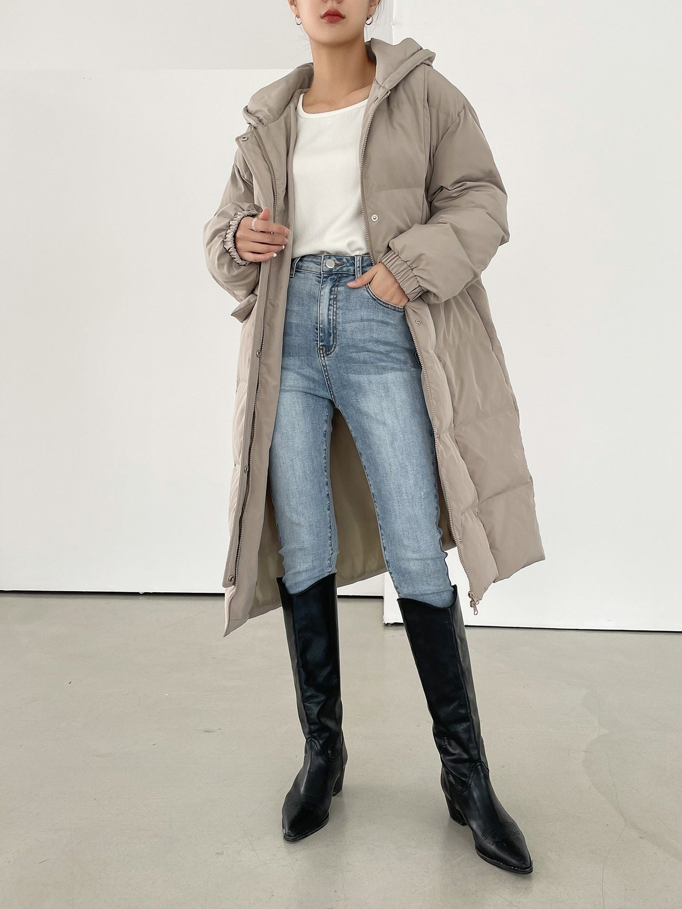DAZY Drop Shoulder Zipper Hooded Puffer Thick Pockets Coat ,Winter Women Clothes,Winter Coat Women Jacket