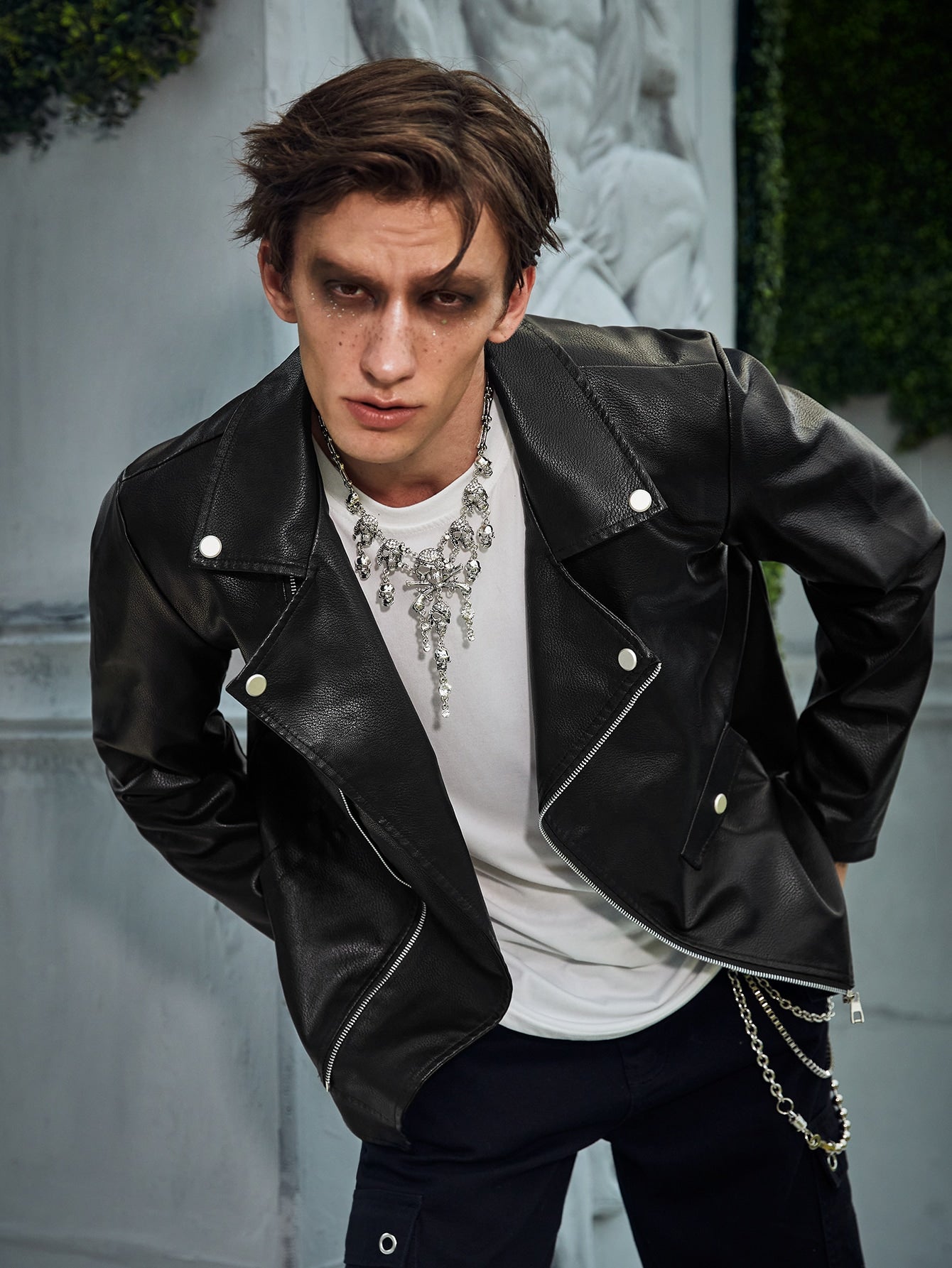 Manfinity Roghcode Men Zip Up PU Moto Jacket,Halloween, Motorcycle Jacket, Leather, Plain, Rapper, Long Sleeve, Street Wear