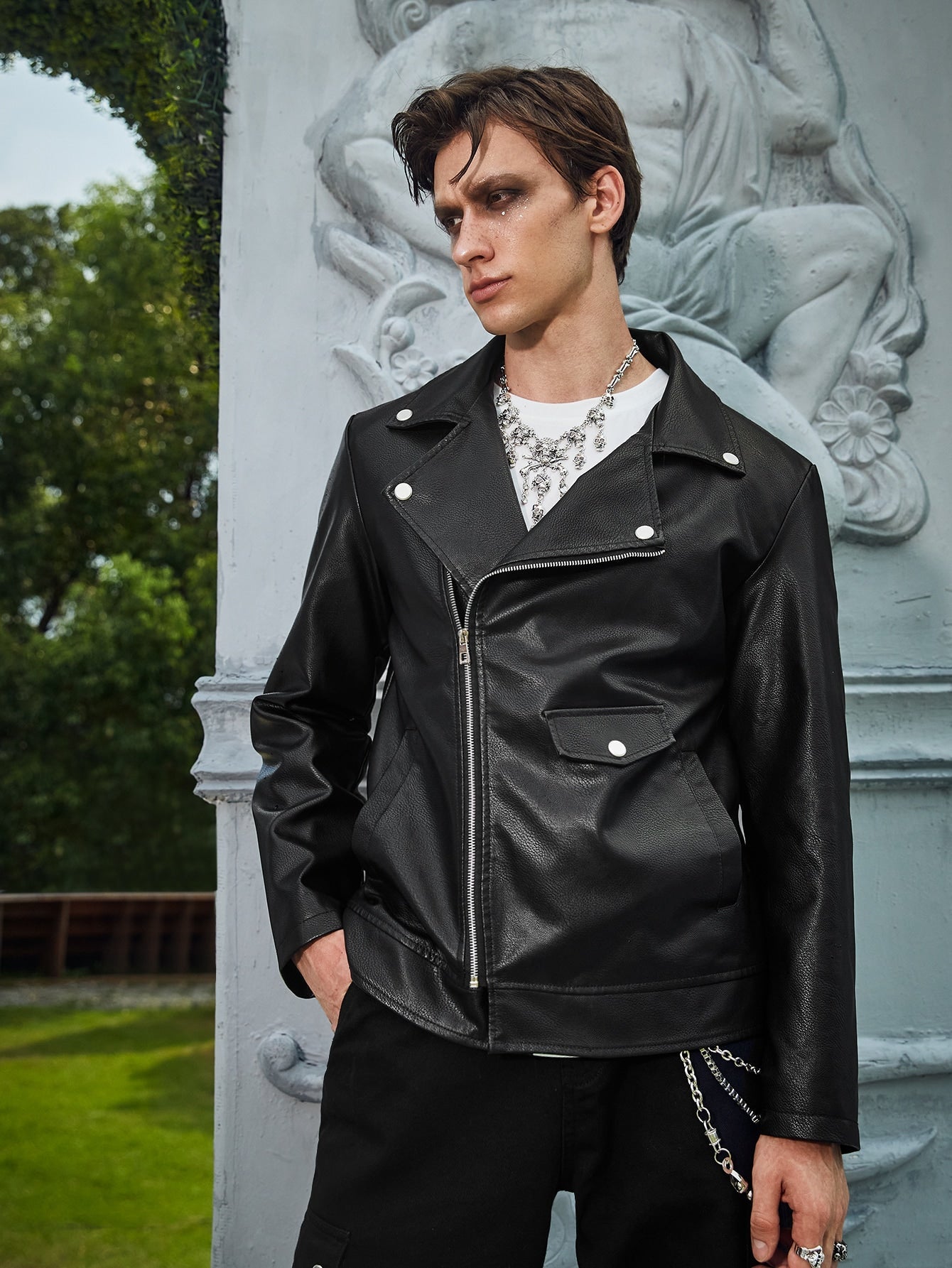 Manfinity Roghcode Men Zip Up PU Moto Jacket,Halloween, Motorcycle Jacket, Leather, Plain, Rapper, Long Sleeve, Street Wear