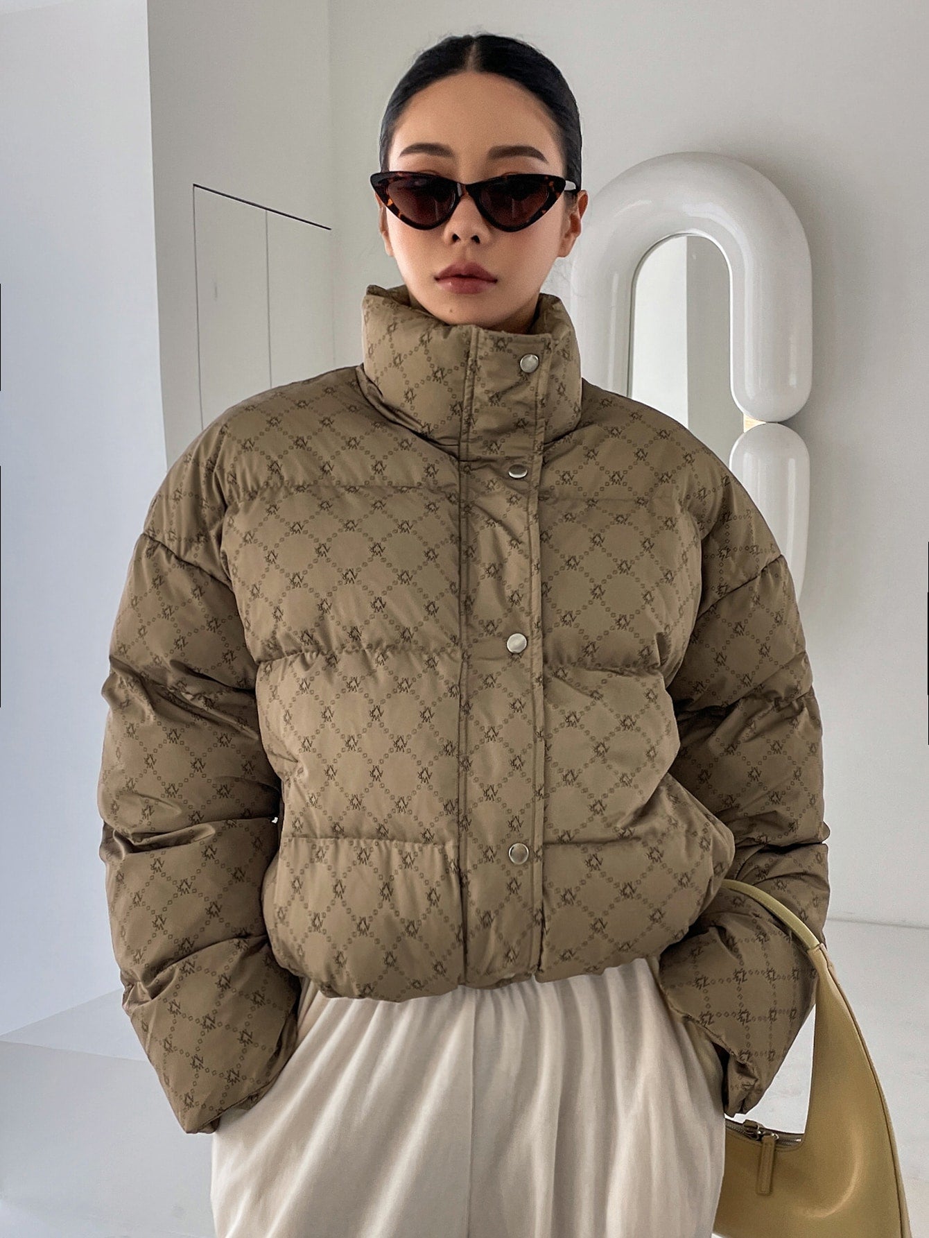 DAZY Geo Print Drop Shoulder Puffer Thick Coat ,Winter Women Clothes,Winter Coat Women Jacket
