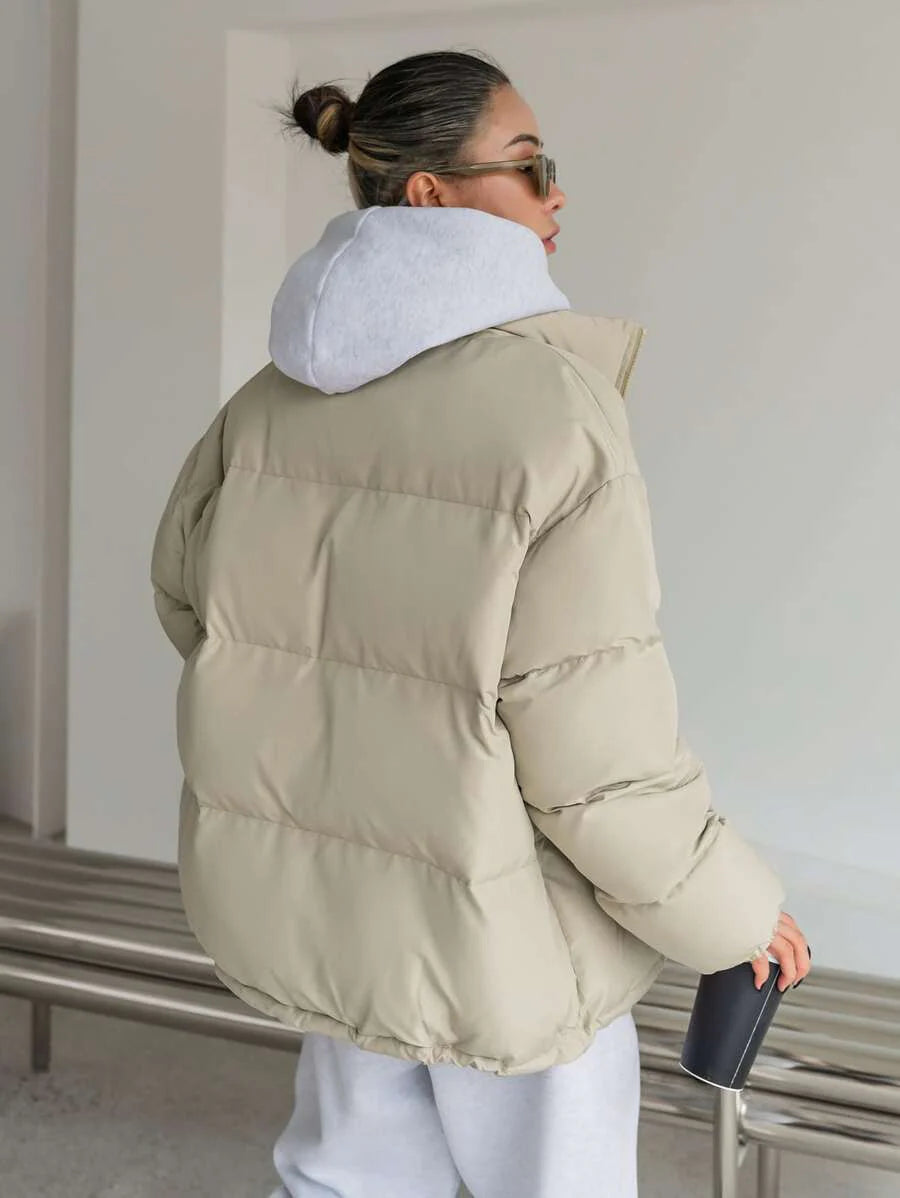 DAZY Letter Patched Drop Shoulder Drawstring Hem Thick Pockets Padded Coat, Women Winter Coat Jacket