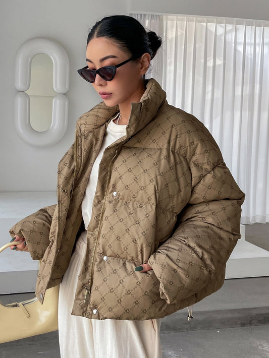 DAZY Geo Print Drop Shoulder Puffer Thick Coat ,Winter Women Clothes,Winter Coat Women Jacket