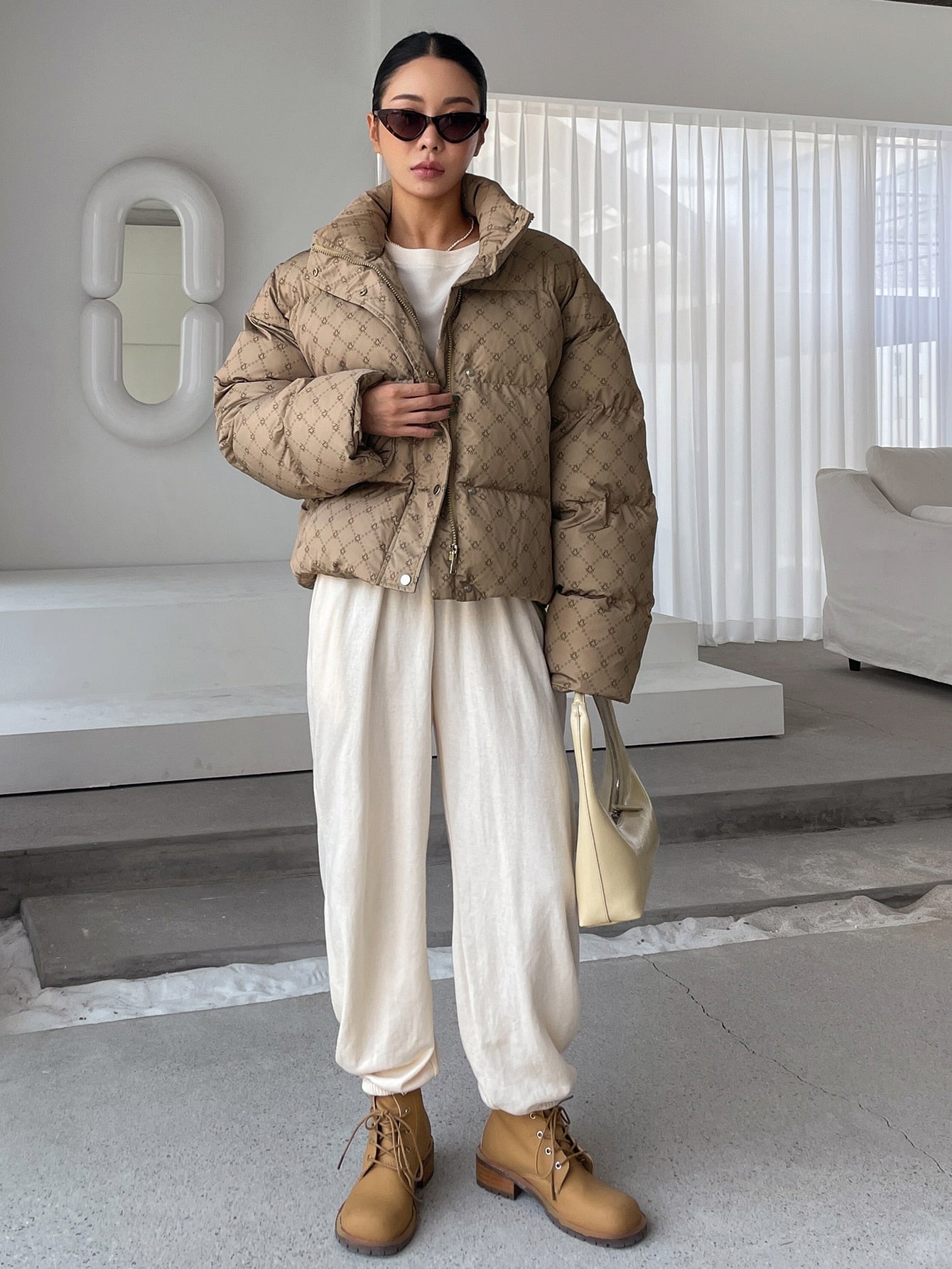 DAZY Geo Print Drop Shoulder Puffer Thick Coat ,Winter Women Clothes,Winter Coat Women Jacket