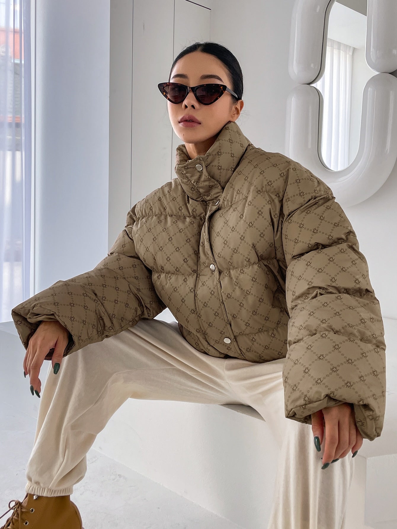 DAZY Geo Print Drop Shoulder Puffer Thick Coat ,Winter Women Clothes,Winter Coat Women Jacket
