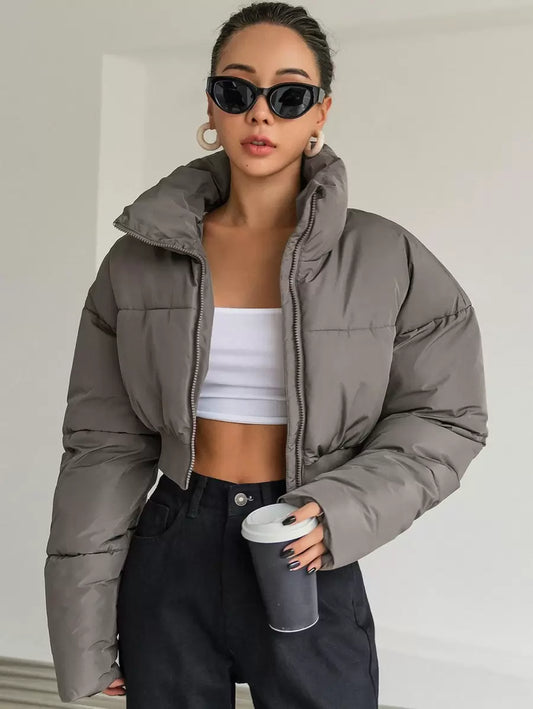 DAZY Drop Shoulder Zipper Crop Puffer Thick Pockets Coat ,Winter Women Clothes,Winter Coat Women Jacket