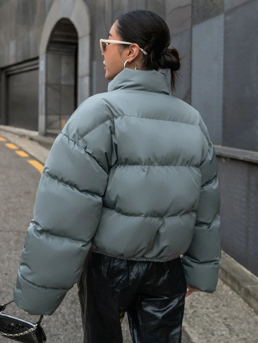 DAZY Zip Up Drop Shoulder Padded Coat, Ladies Winter Casual Pocket, Zipper Drop Shoulder Stand Collar Regular Fit Black Plain Women Padded Coats, Winter Warmth/ Winter Fashion, Winter Women Clothes, Padded Coat Women Jacket