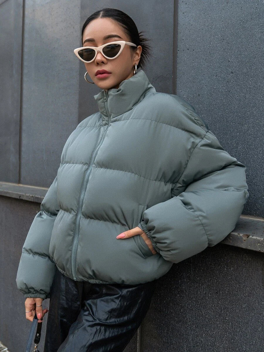 DAZY Drop Shoulder Zipper Puffer Thick Pockets Coat ,Winter Women Clothes,Winter Coat Women Jacket