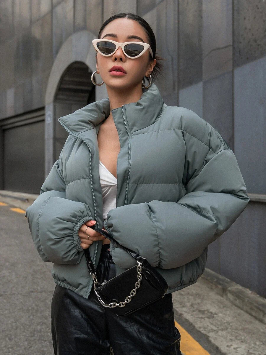 DAZY Drop Shoulder Zipper Puffer Thick Pockets Coat ,Winter Women Clothes,Winter Coat Women Jacket