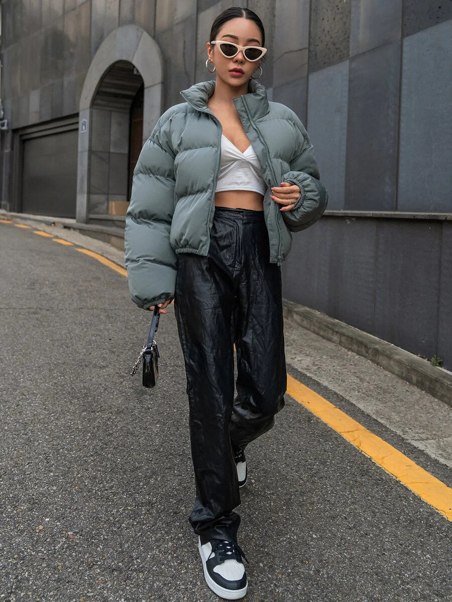 DAZY Drop Shoulder Zipper Puffer Thick Pockets Coat ,Winter Women Clothes,Winter Coat Women Jacket