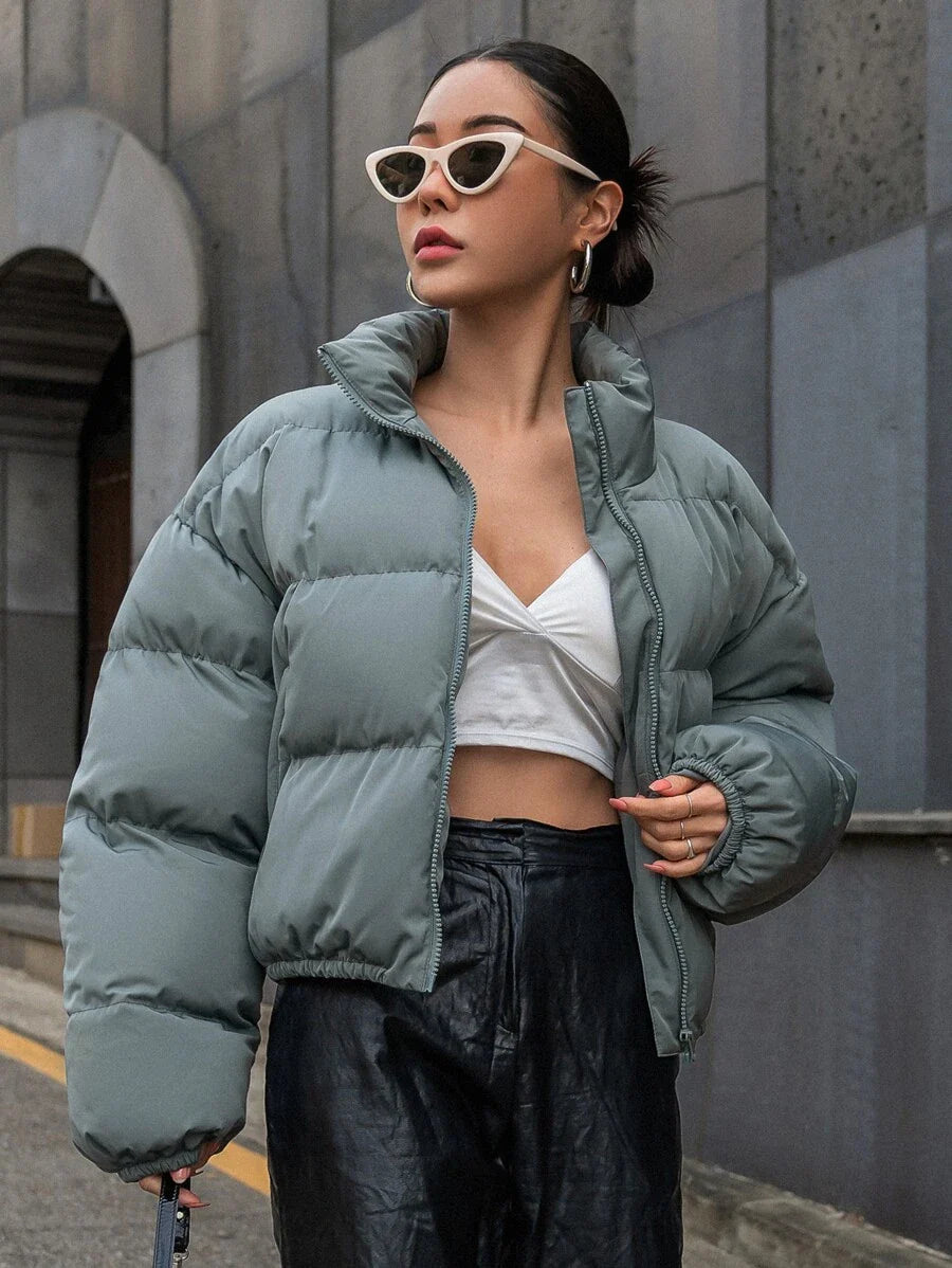 DAZY Drop Shoulder Zipper Puffer Thick Pockets Coat ,Winter Women Clothes,Winter Coat Women Jacket
