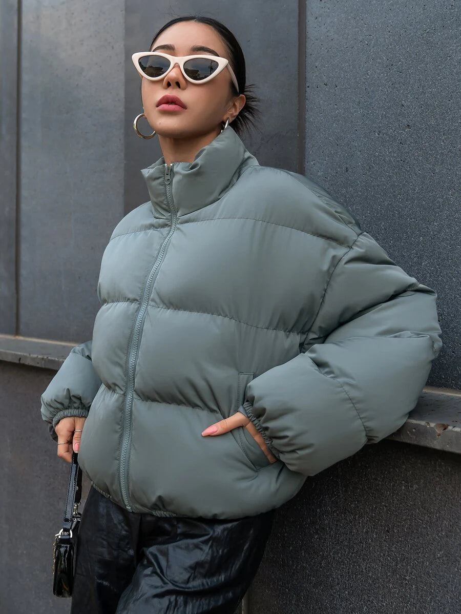 DAZY Zip Up Drop Shoulder Padded Coat, Ladies Winter Casual Pocket, Zipper Drop Shoulder Stand Collar Regular Fit Black Plain Women Padded Coats, Winter Warmth/ Winter Fashion, Winter Women Clothes, Padded Coat Women Jacket