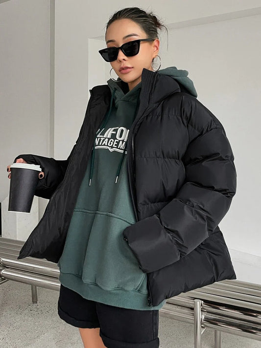 DAZY Women Plain Zip Up Collar Casual Winter Jacket