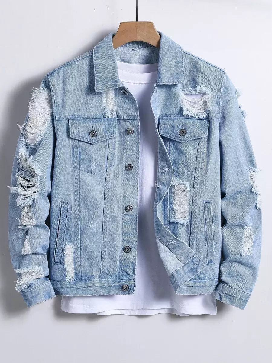 Manfinity Homme Men's Casual Distressed Denim Single Breasted Jacket, Autumn