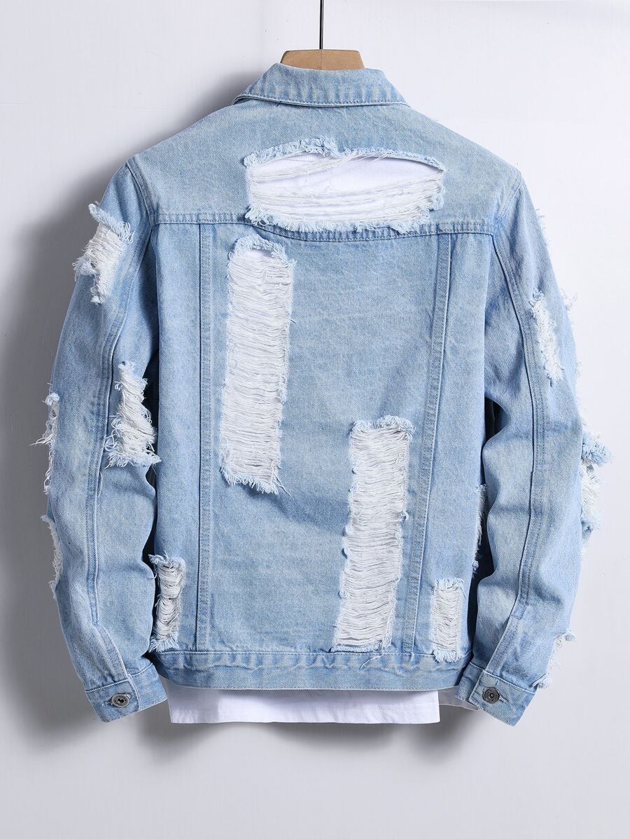 Manfinity Homme Men's Casual Distressed Denim Single Breasted Jacket, Autumn