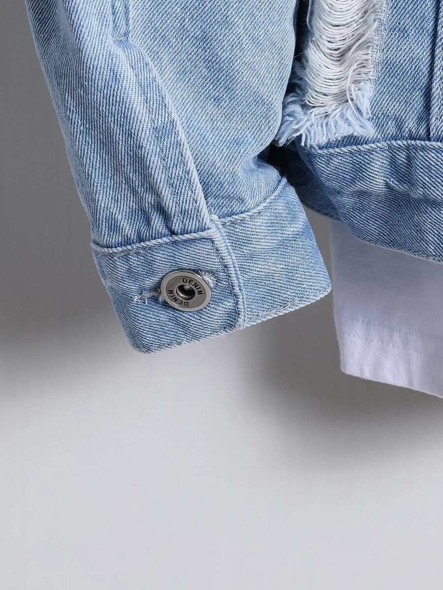 Manfinity Homme Men's Casual Distressed Denim Single Breasted Jacket, Autumn