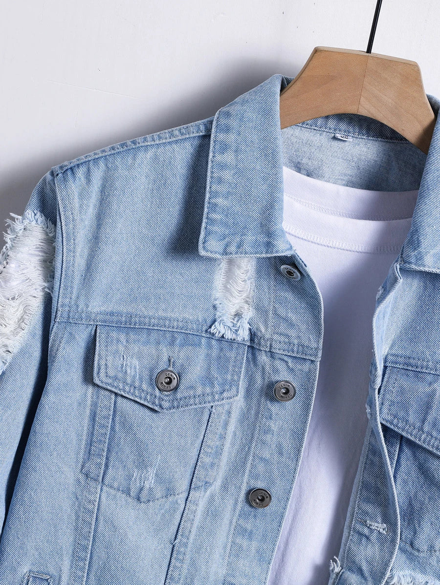 Manfinity Homme Men's Casual Distressed Denim Single Breasted Jacket, Autumn