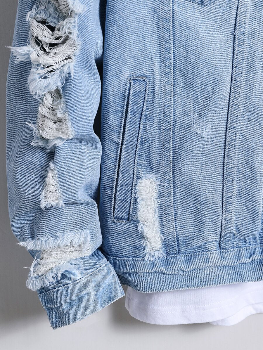 Manfinity Homme Men's Casual Distressed Denim Single Breasted Jacket, Autumn