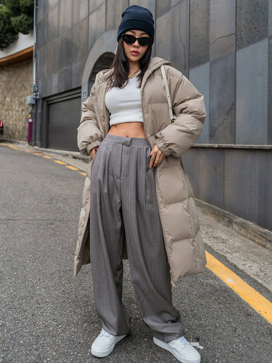 DAZY Drop Shoulder Zipper Hooded Puffer Thick Pockets Coat ,Winter Women Clothes,Winter Coat Women Jacket
