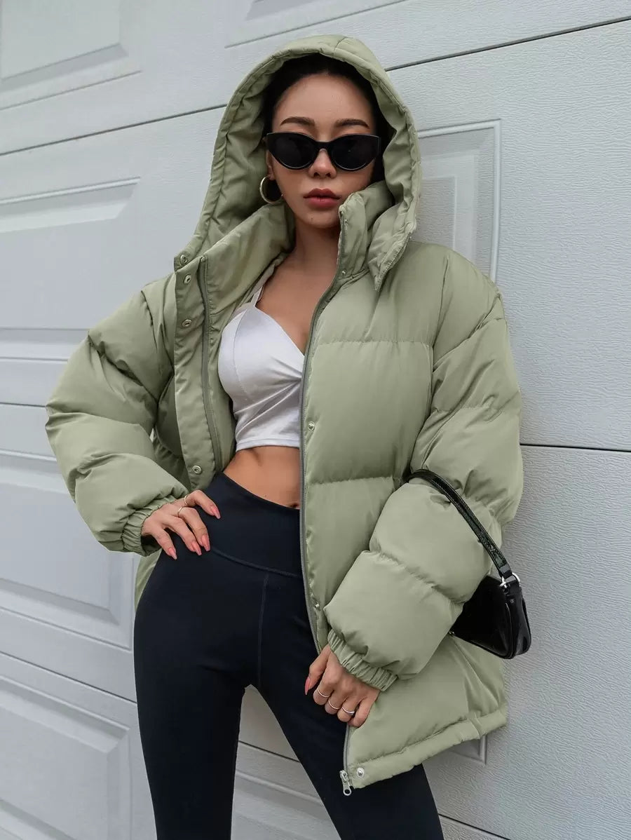 DAZY Women's Zipper Stand Collar Hooded Padded Coat, Ladies Winter Casual Button Front, Pocket, Zipper Regular Sleeve Hooded Oversized Coffee Brown Plain Women Padded Coats, Winter Warmth/ Winter Fashion ,Winter Women Clothes,Winter Coat Women Jacket