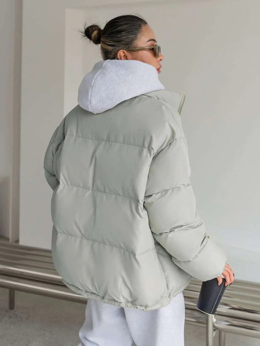 DAZY Letter Patched Drop Shoulder Drawstring Hem Thick Pockets Padded Coat, Women Winter Coat Jacket