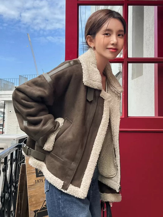 DAZY Teddy Fleece Edged Patchwork Fabric Zip Up Jacket, Fall Women Clothes