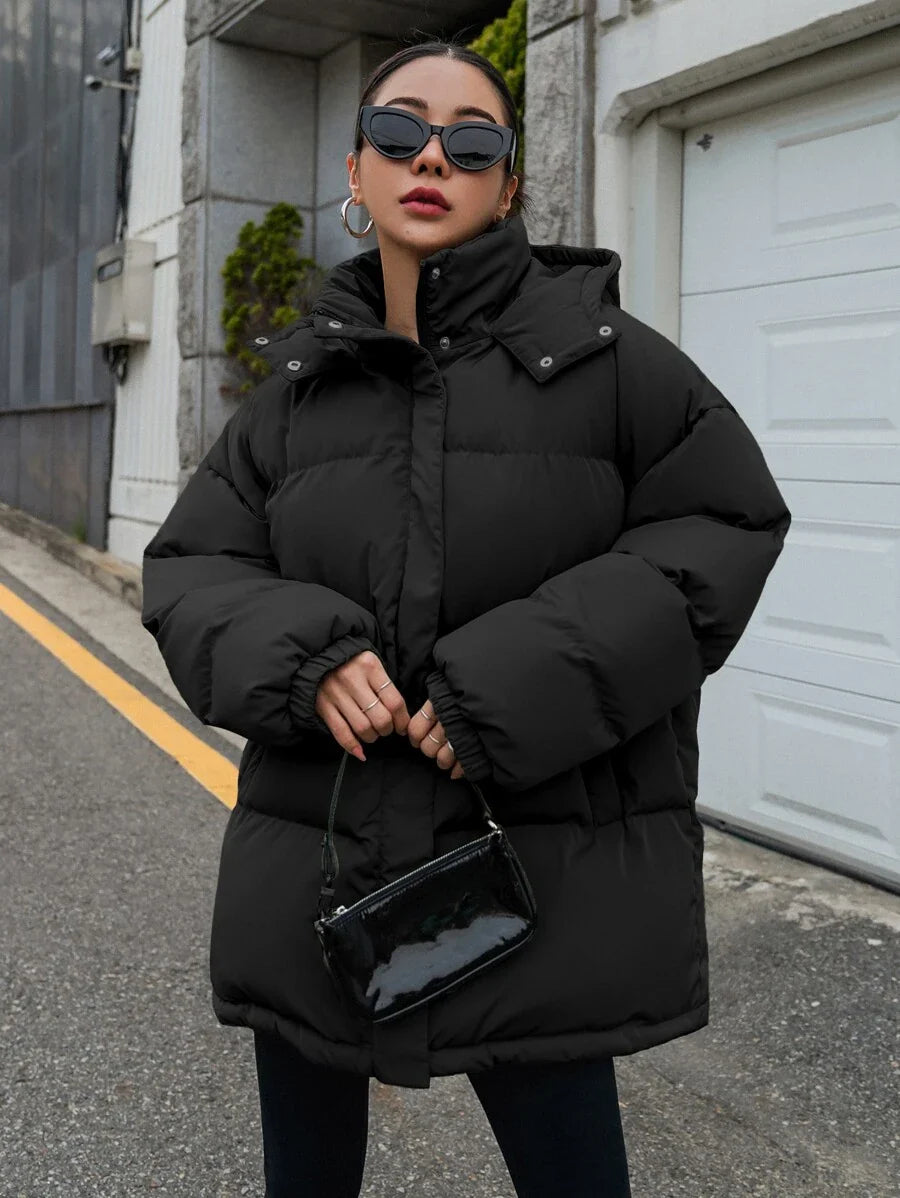 DAZY Women's Zipper Stand Collar Hooded Padded Coat, Ladies Winter Casual Button Front, Pocket, Zipper Regular Sleeve Hooded Oversized Coffee Brown Plain Women Padded Coats, Winter Warmth/ Winter Fashion ,Winter Women Clothes,Winter Coat Women Jacket