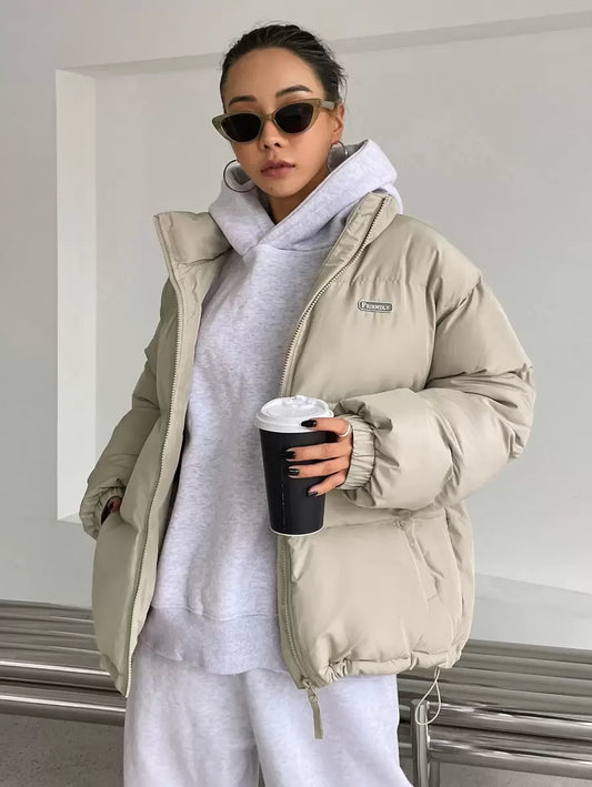DAZY Letter Patched Drop Shoulder Drawstring Hem Thick Pockets Padded Coat, Women Winter Coat Jacket
