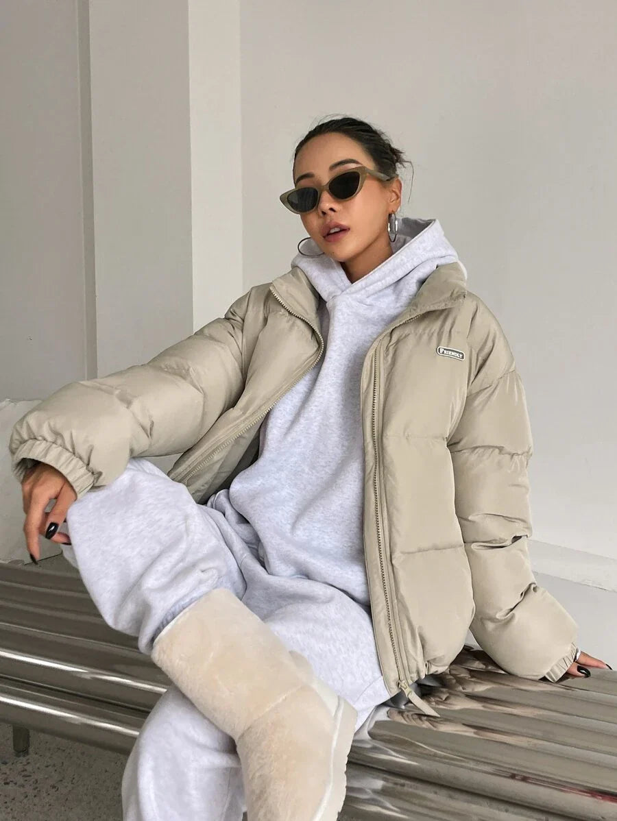 DAZY Letter Patched Drop Shoulder Drawstring Hem Thick Pockets Padded Coat, Women Winter Coat Jacket