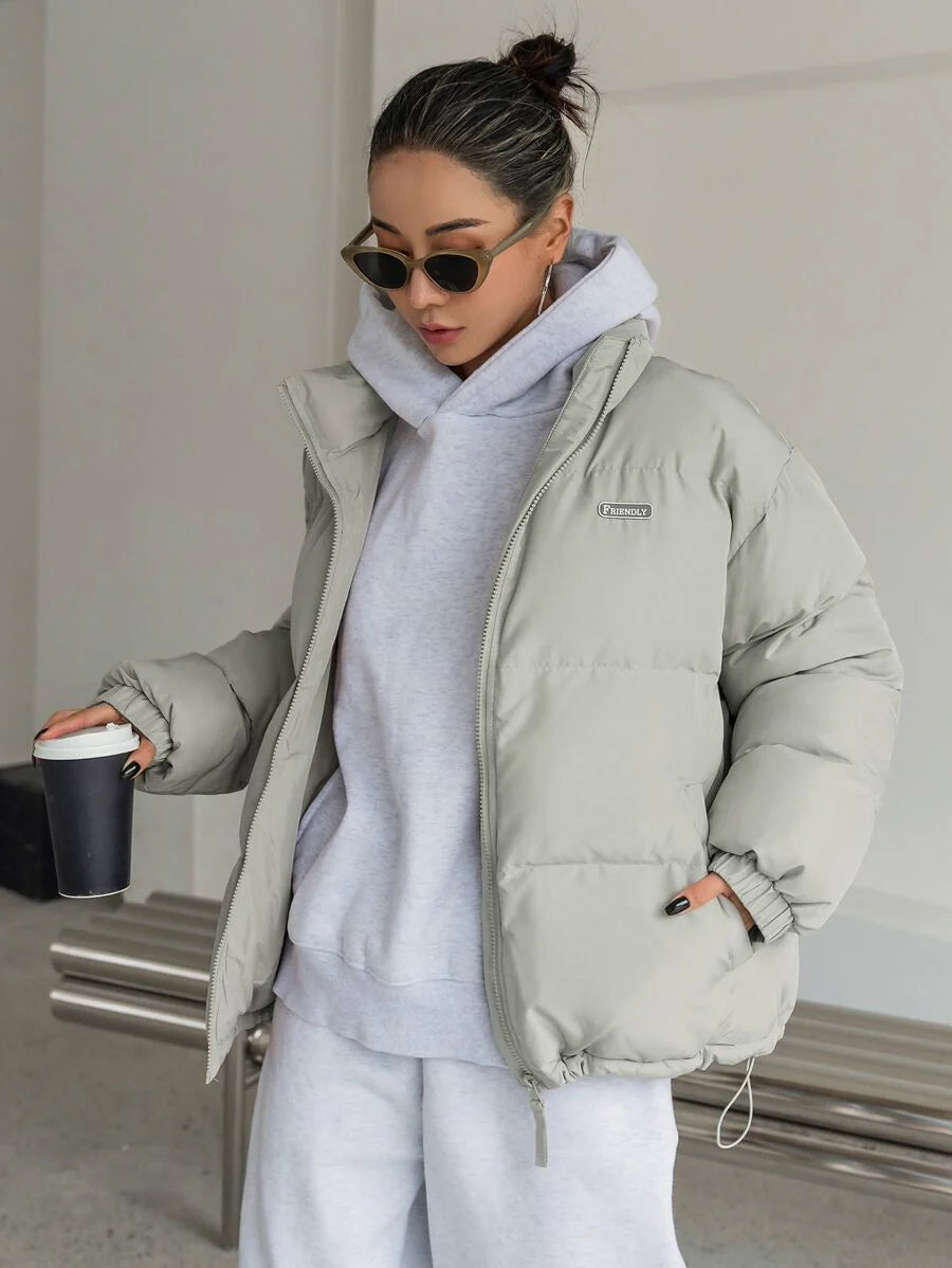 DAZY Letter Patched Drop Shoulder Drawstring Hem Thick Pockets Padded Coat, Women Winter Coat Jacket