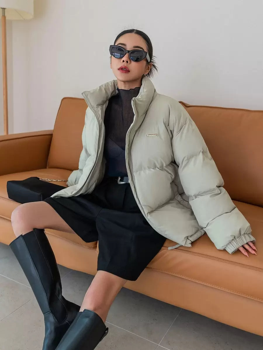 DAZY Letter Patched Drop Shoulder Drawstring Hem Thick Pockets Padded Coat, Women Winter Coat Jacket